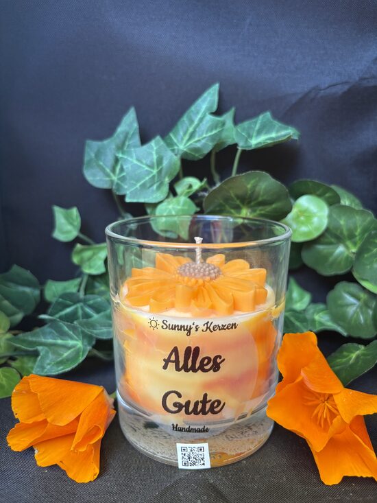 Kerze im Glas mit großer Blume (verschiedene Etiketten wählbar)